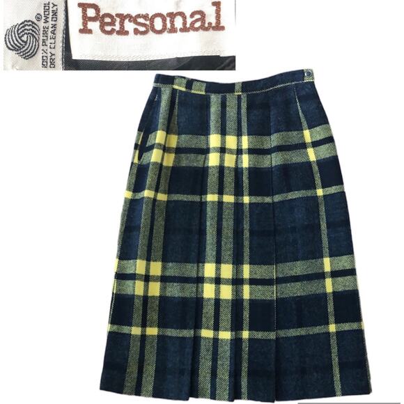 Vintage Personal Yellow and black plaid pleated wool skirt size medium - Picture 1 of 11